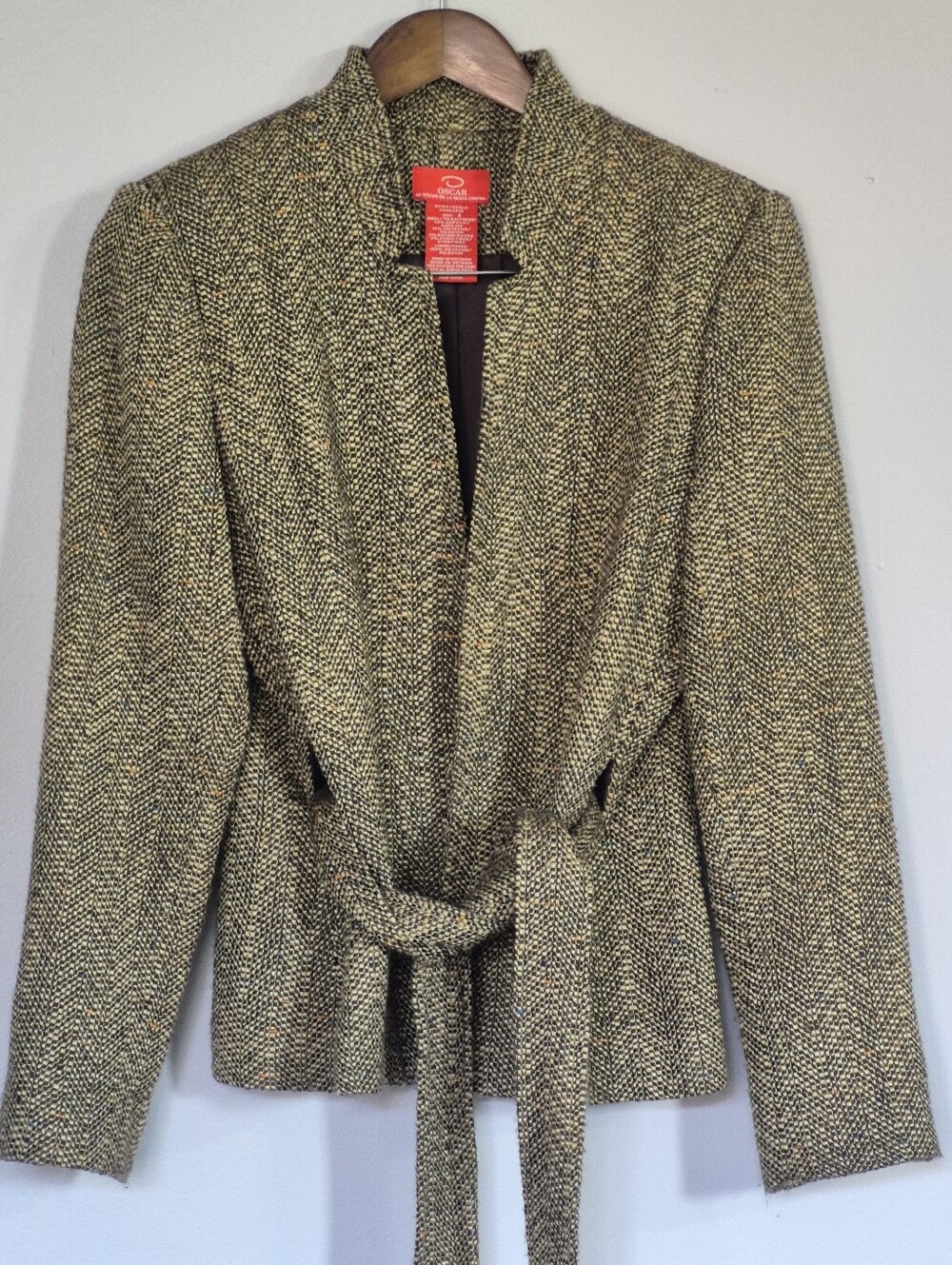 Oscar Oscar De La Renta Herringbone Tweed Self Tie Line Blazer Jacket Size 8